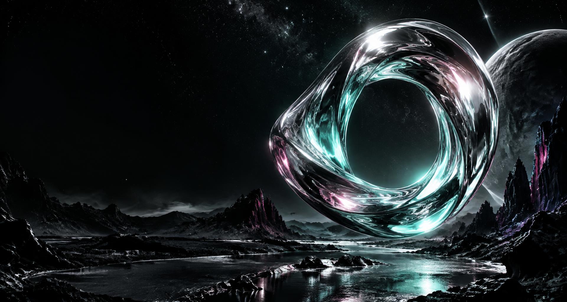 A luminous chrome portal in Lumen’s midnight world